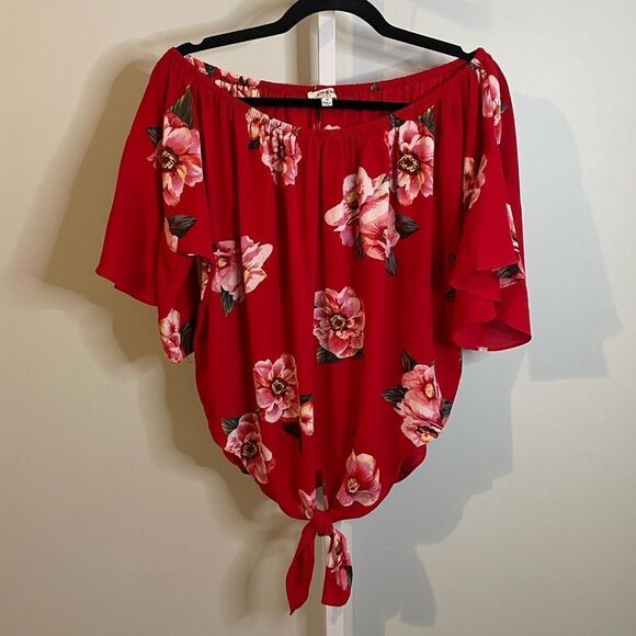 Umgee Tops - Umgee Red Floral Off the Shoulder Tie Front Blouse